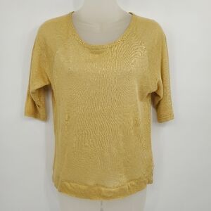 ☆☆ Hi-Line Gold Linen Round Neck Short Sleeve Sheer Knit Top Size XS